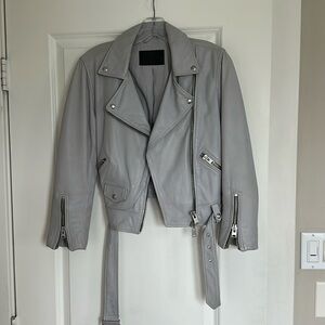 All Saints Baby Blue Leather Moto Jacket, UK6